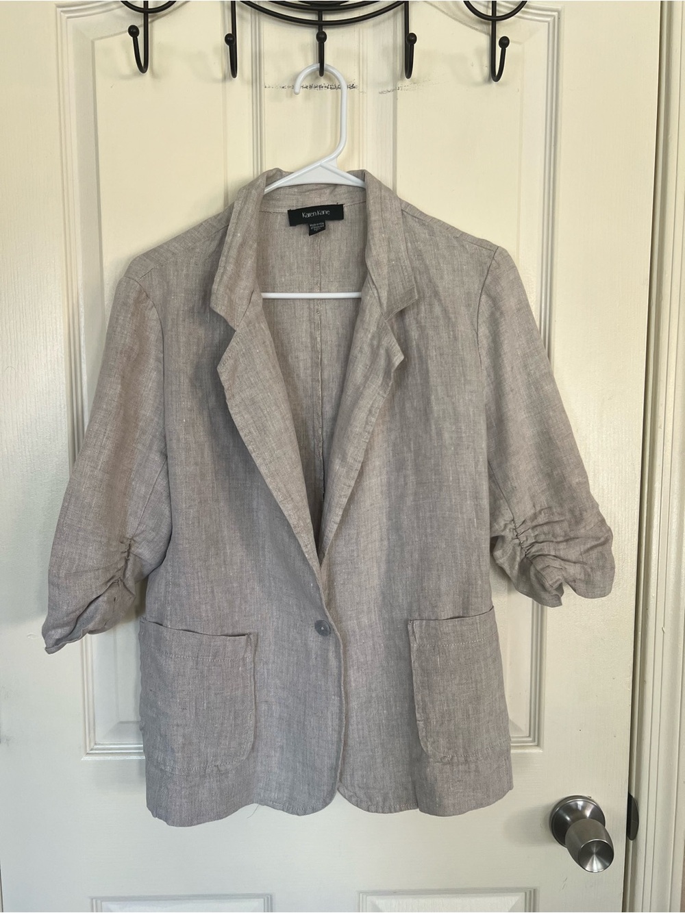 Karen Kane 100% Linen Ruched Sleeve Blazer Oatmeal L